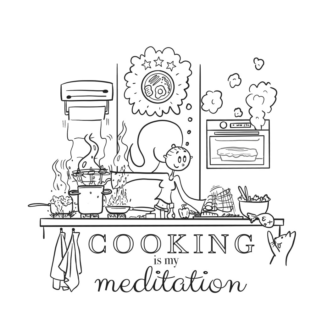 Cooking is my Meditation. Digital lineart design for kitchen merch.