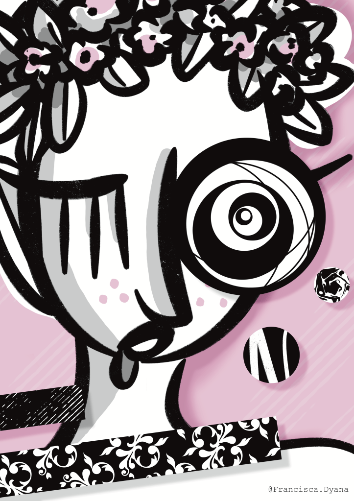 Cotton Candy Eye. Black, white, pink. Absurdistic, surrealistic, modern art.